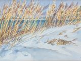 une peinture représentant une peinture d'une plage avec un plan d'eau en arrière-plan
