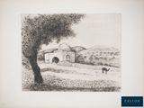 une image représentant un dessin d'une maison et d'un chien dans un champ