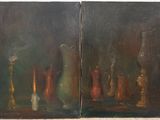 two paintings of vases on a table with candles and candlesticks