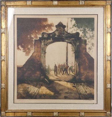 framed picture of a painting of a group of men walking through a gate