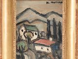 an image of a painting of a village with a mountain in the background
