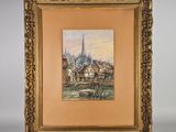 une vieille photo représentant un tableau d'une ville avec une église en arrière-plan