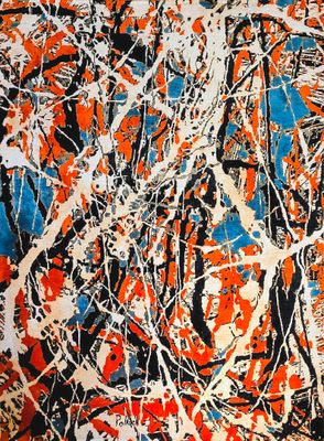 an abstract painting of orange and black paint on a blue background