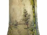 a vase with a painting on it on a white background