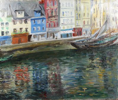 une peinture à l'huile représentant des bateaux dans un port avec des bâtiments à l'arrière-plan