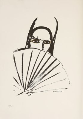 an image of a drawing of a woman with a fan