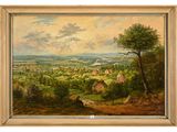 une peinture à l'huile représentant un paysage rural avec un village au loin