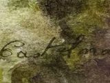 a close up of a painting of a tree with writing on it