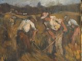 painting of a group of men working in a field with a sky background