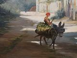 a painting of a man riding a donkey down the street