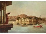 une image représentant un tableau où l'on voit une femme en robe rouge au bord d'un lac
