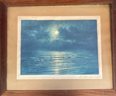 an image of a painting of a full moon rising over the ocean