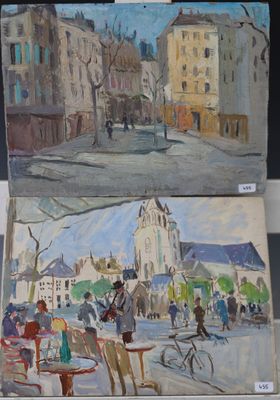 deux tableaux représentant une scène de rue avec des passants et une église en arrière-plan