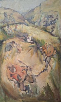 painting of a painting of a landscape with horses and people in it
