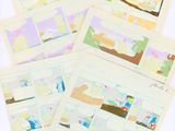 a set of four children ' s storyboards of a beach scene