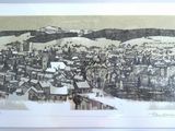 drawing of a view of a city with a mountain in the background