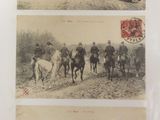 several old photos of people riding horses on a dirt road