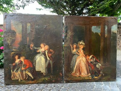 paire de peintures à l'huile françaises du XIXe siècle représentant des enfants dans un jardin