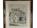aquarelle encadrée représentant une maison en pierre, dans un cadre en bois