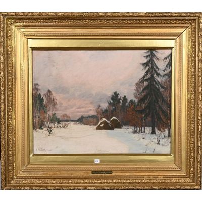 un tableau représentant un paysage enneigé avec une grange au premier plan