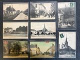 several old black and white photographs of people and buildings in a town