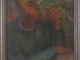 painting of a man sitting at a table with a glass of wine in his hand