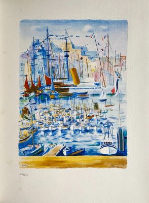 a painting of a harbor filled with boats on the water
