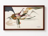 tableau représentant un oiseau volant dans les airs, avec une montagne en arrière-plan