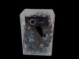 a clear box with a bunch of blue and white beads