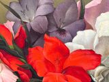 a painting of flowers in a vase on a table
