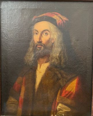 painting of a man with a beard and a red hat in a wooden frame