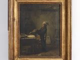 un tableau représentant une vieille femme assise à une table avec un livre