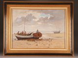 an image of a painting of people on a boat on the beach