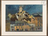 an oil painting of a city with a clock tower on top of it