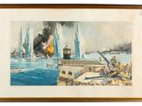 une image représentant une peinture d'une scène navale avec des navires sur l'eau