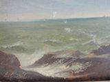 painting of a view of the ocean from a rocky shore