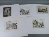 several black and white pictures of buildings and buildings on a table
