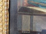 a painting of a woman reading a book on a table