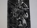 drawing of a man with a gun and a woman sitting on a bench
