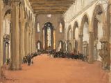 une peinture à l'huile représentant une église avec de nombreuses personnes à l'intérieur