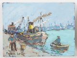 a painting of a boat on the water with people on it