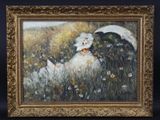 une peinture à l'huile représentant une femme allongée dans un champ, un parapluie à la main