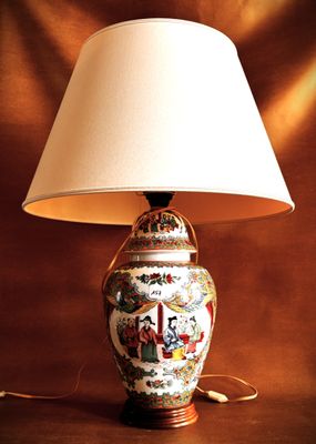 a lamp that is sitting on a table with a lamp shade on it