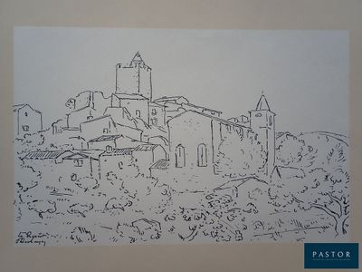 drawing of a village with a church in the middle of it