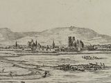 drawing of a view of a town with a river and a mountain in the background