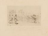 drawing of a group of men in uniform standing in front of a building