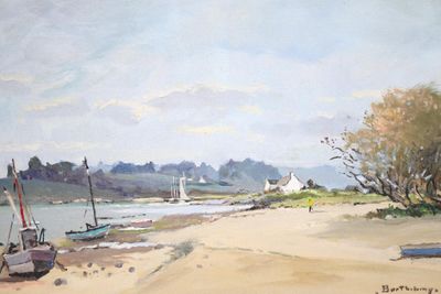 a painting of a beach with boats on the shore