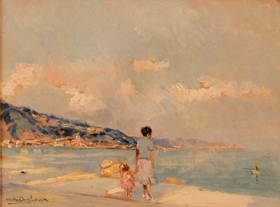 tableau représentant une femme et un enfant sur une plage, près de l'eau