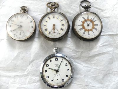 Plusieurs types d'horloges sont exposés sur une surface blanche