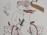 dessin représentant une femme à vélo avec un oiseau sur le dos